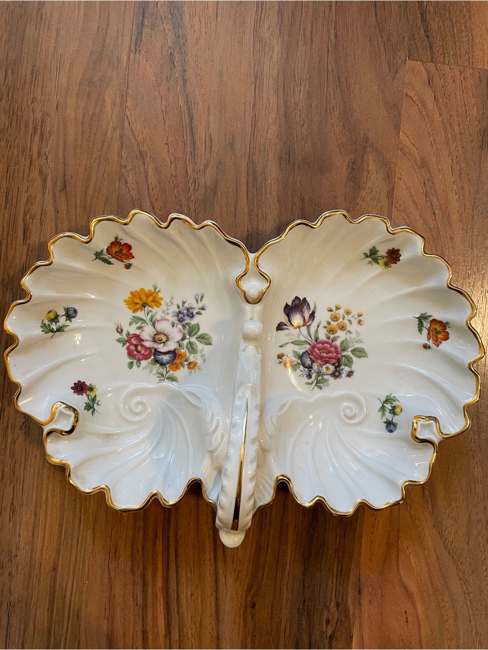 Vintage GERMAN BAVARIA LINDNER HP  FLORAL Gold Divide Service Dish 11.5”x7”